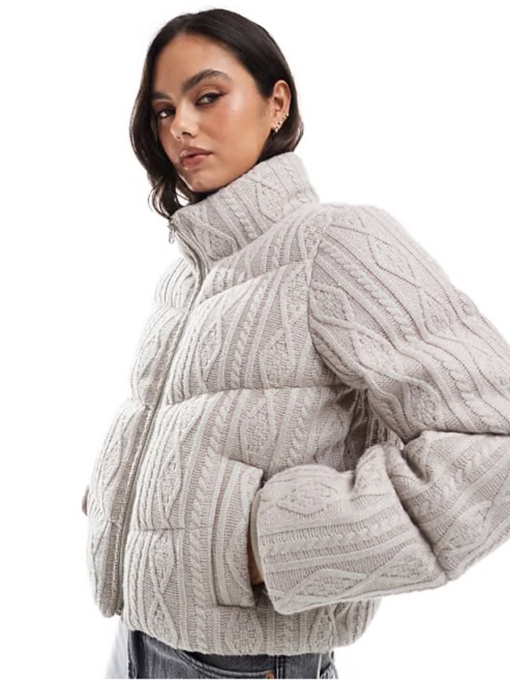 Woven Quilted Zip-Up Jacket in Taupe